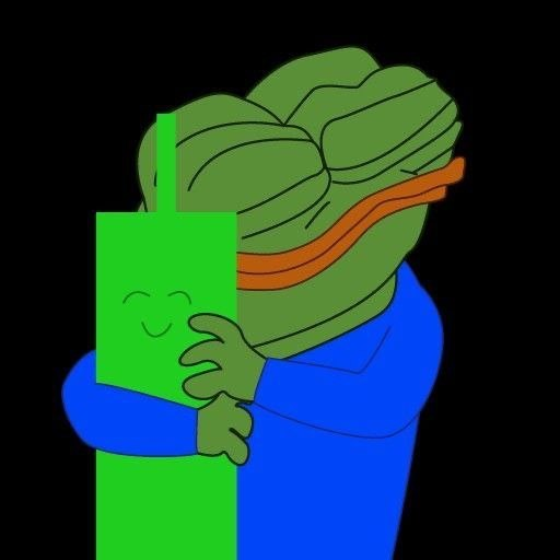 A cartoon-style drawing depicts a figure with a Pepe the Frog-style green head hugging a green juice box that has a smiling face on it.