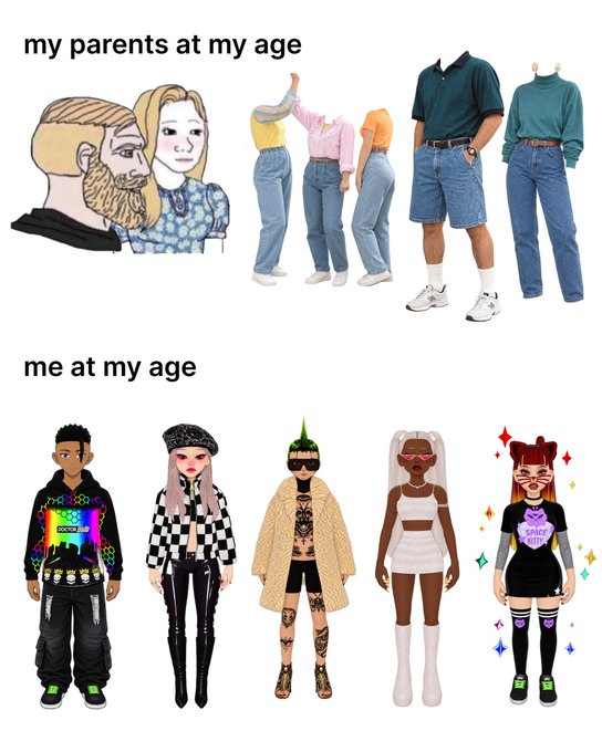 This image is a meme comparing the styles of two generations: the top shows "my parents at my age" with a drawn bearded man with a woman in a blue floral shirt, alongside people wearing simple denim shorts, teal polo shirts, and classic mom jeans; the bottom shows "me at my age" featuring five fashionable avatars (likely from a virtual avatar app) sporting bold Y2K-style outfits including a paint-splatter hoodie, checkered tops, fur coats, mini skirts, and edgy streetwear with platform boots.

The post's caption, "they had the mall. we have Shop," cleverly highlights how today's generation curates their identity through fashion found on shopping platforms (like Shop app, Roblox, or alt-fashion retailers) rather than physically hanging out at malls—using virtual fashion and curated online aesthetics as a form of self-expression and social connection.