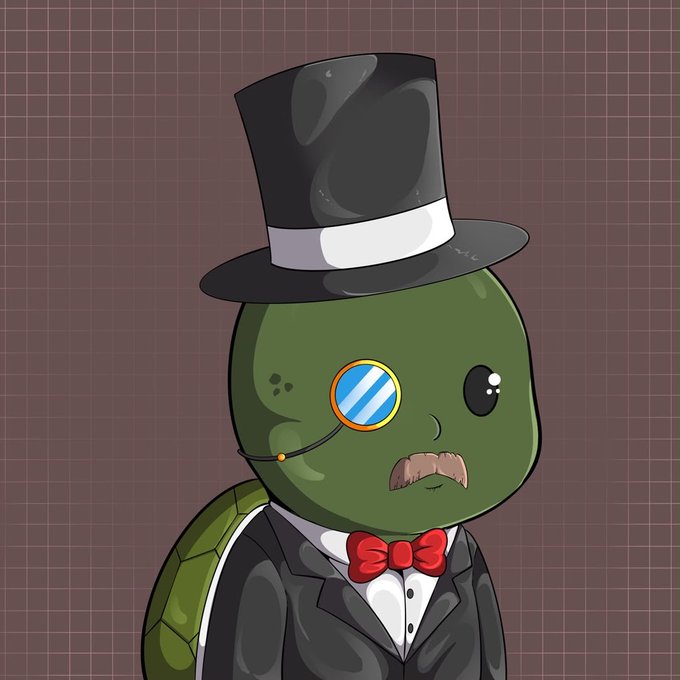 A cartoon turtle wearing a black top hat, monocle, and tuxedo with a red bow tie appears set against a purple grid background, likely serving as a mascot or character representing the "TurtleTribeNFTs" giveaway promotion mentioned in the post.