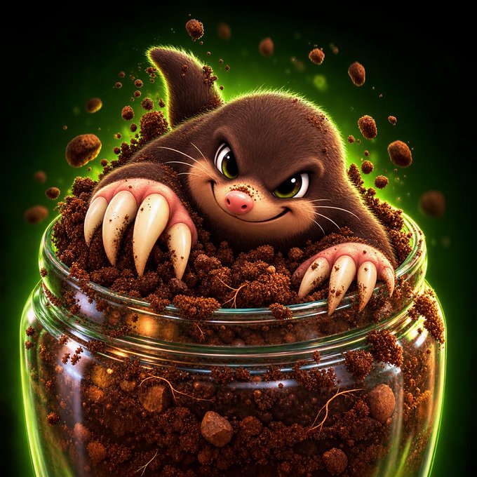 A digitally illustrated mole or small furry creature with large claws emerges from a glass jar filled with dirt, set against a green glowing background.