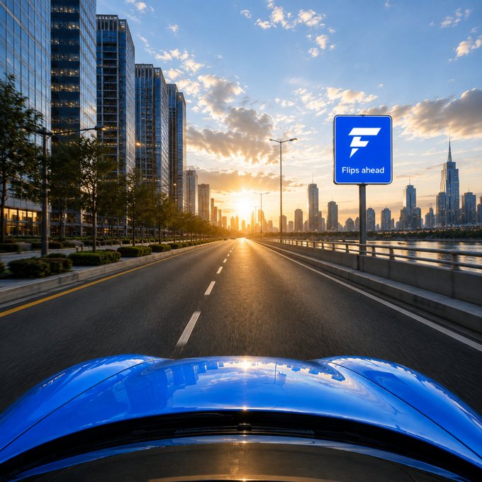 A first-person view from a blue car driving on a highway toward a city skyline at sunset, featuring a blue road sign that reads 'Flips ahead' with a stylized logo.