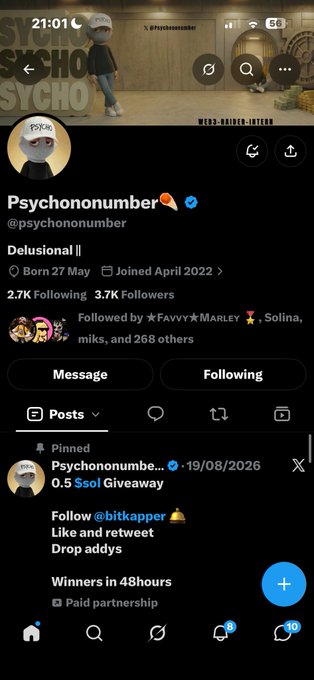 A screenshot of an Instagram profile for 'Psychononumber' (@psychononumber) showing 2.7K Following, 3.7K Followers, born 27 May, with a pinned giveaway post.