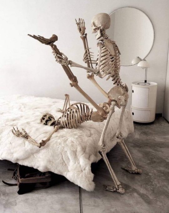 A photograph of a life-sized human skeleton posed in a sitting position on the edge of a bed with a fluffy white blanket, with one arm raised toward a round mirror in a modern bedroom setting.