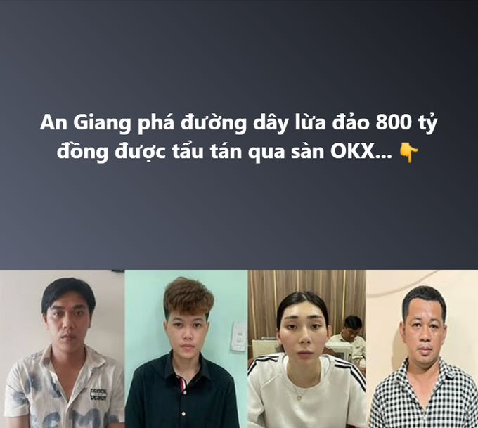 A Vietnamese news graphic headlined "An Giang phá đường dây lừa đảo 800 tỷ đồng được tẩu tán qua sàn OKX..." (An Giang dismantles 800 billion VND fraud ring laundered through OKX exchange) is displayed above four mugshot-style photos of the suspects — three men and one woman — whose plain backgrounds and direct poses match the article's reporting on the arrested individuals in the alleged scam.