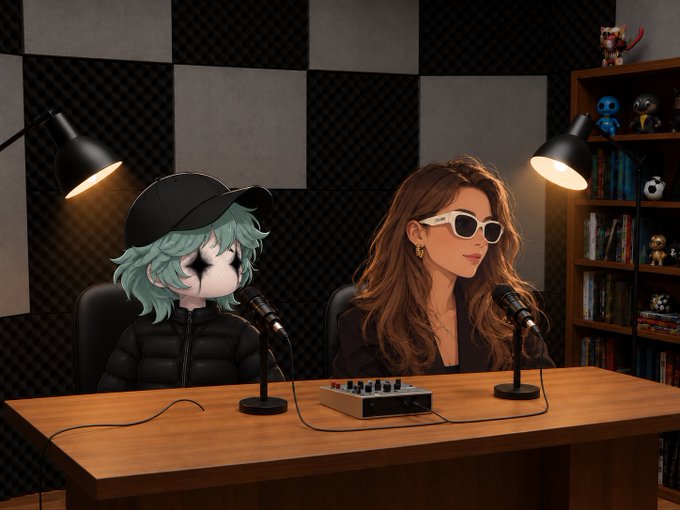 The image shows a stylized illustrated podcast setup featuring two characters—a teal-haired anime-style figure wearing a black cap and a woman with long brown hair and sunglasses—seated at a wooden desk with microphones and an audio mixer, set against soundproofing foam panels and a bookshelf filled with figurines. This visually represents the anniversary podcast episode with guest Valerie_Onchain, as referenced in the accompanying post.