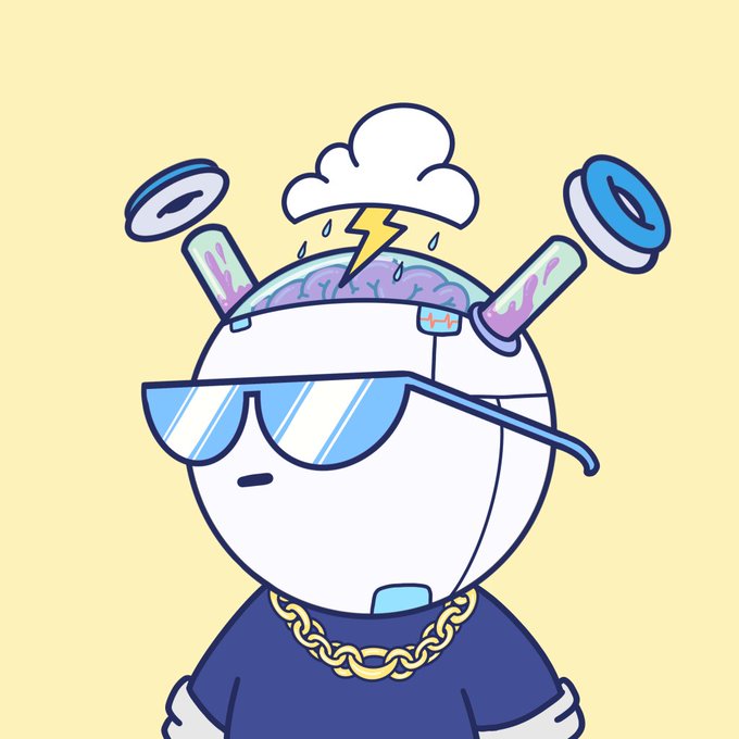A cartoon character with a bowl-cut hairstyle, blue sunglasses, a gold chain necklace, and an open head revealing a brain with a lightning bolt and cloud, suggesting a creative or 'idea' theme.