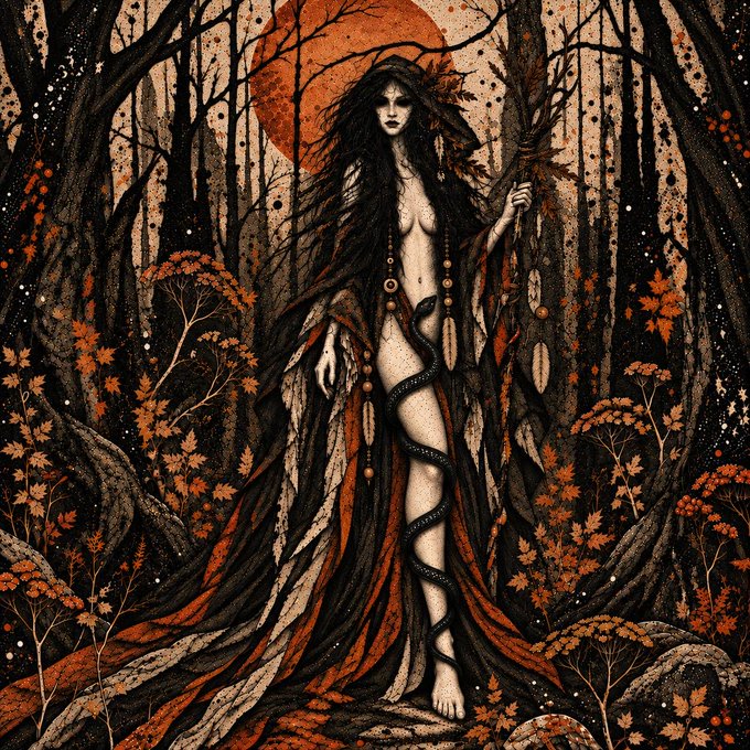 A dark fantasy illustration depicts a nude female figure with flowing dark hair and a serpent, standing in a forest under a blood-red moon.