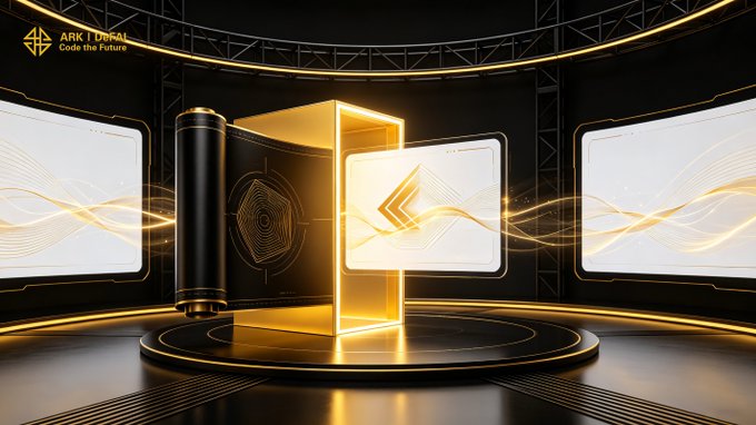 A futuristic black-and-gold stage features a glowing cylindrical device at the center, flanked by illuminated screens displaying flowing light waves, with "ARK | DRAI Code the Future" text in the upper left. The sleek, high-tech scene visually echoes the message by symbolizing the transformative power of Arkie AI—turning a single "idea" (the central pillar of light) into dynamic execution and growth within the ARK ecosystem.
