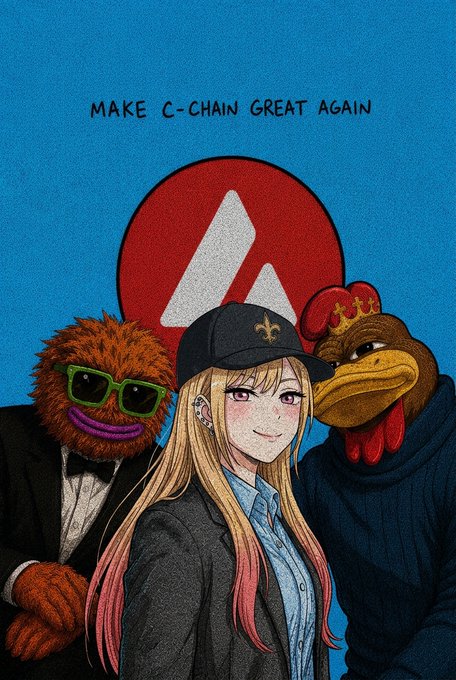 An illustration styled like a campaign poster features a blonde anime-style character flanked by a furry mascot and a chicken mascot, with the text 'MAKE C-CHAIN GREAT AGAIN' above an Avalanche (AVAX) logo.