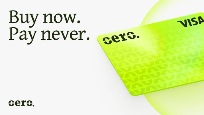 A digital advertisement featuring a bright green Visa card labeled "cero." with the slogan "Buy now. Pay never." in bold black text.