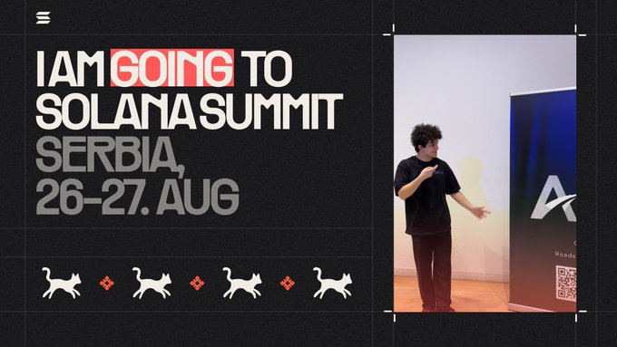 A promotional graphic announcing 'I AM GOING TO SOLANA SUMMIT SERBIA, 26-27. AUG' alongside a photo of a speaker on stage.