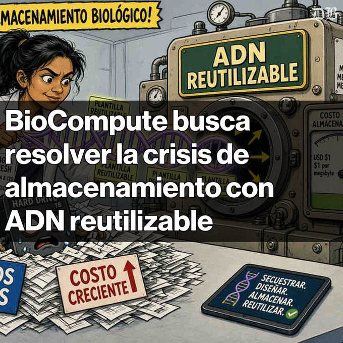 A Spanish-language infographic illustrates 'BioCompute' using 'ADN REUTILIZABLE' (reusable DNA) to solve a storage crisis, showing a cartoon woman, growing costs, and functions like 'SECUESTRAR, DISEÑAR, ALMACENAR, REUTILIZAR'.