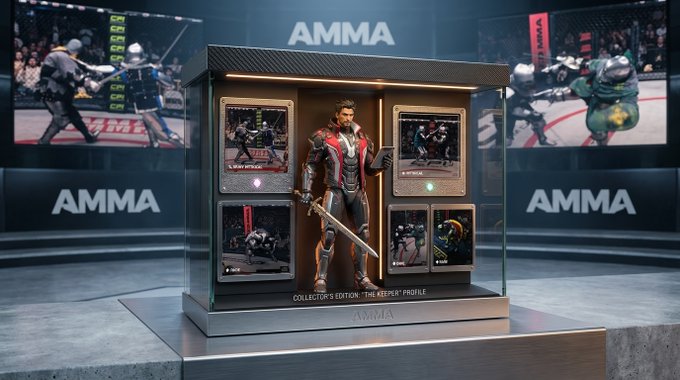 A collectible display case labeled 'AMMA' features a detailed warrior figurine holding a sword, accompanied by four character cards, set against an arena backdrop.