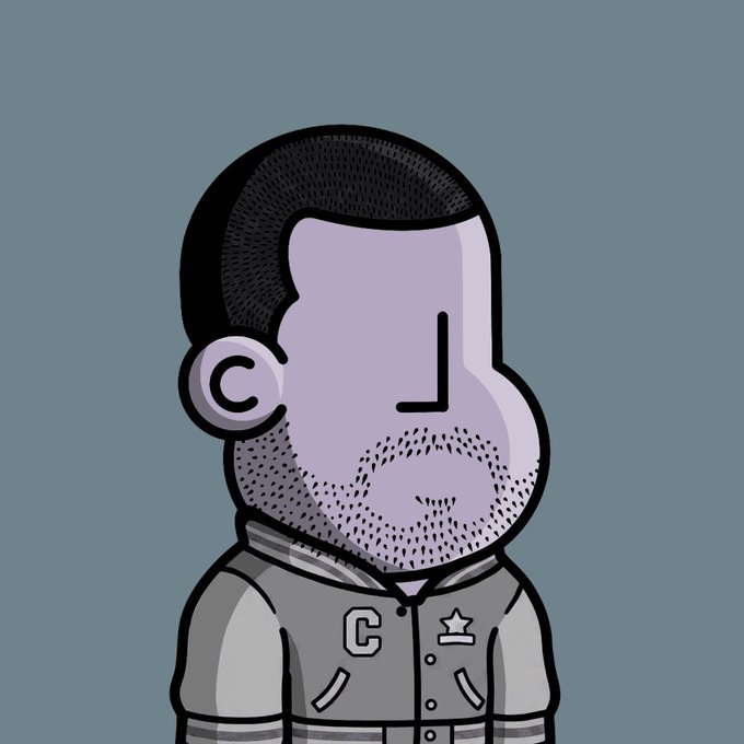 The image features a cartoon character wearing a gray jacket with white lettering, standing against a blue background. The character has a beard and appears to be looking off into the distance or at something out of frame. There are no texts present in the image, but there is a caption that reads "I sold my @npconchain for 0.0034 And bought back in today for 0.0415 so I can watch it go down to 0.0034 No I don't hate $". The character's position and gaze suggest they are focused on something outside the frame, possibly related to the caption or their surroundings.