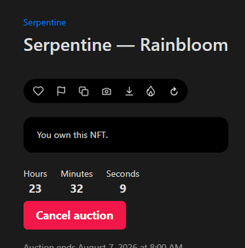 NFT auction interface showing "Serpentine — Rainbloom" listing owned by user, with 23 hours 32 minutes 9 seconds remaining and a cancel auction button.