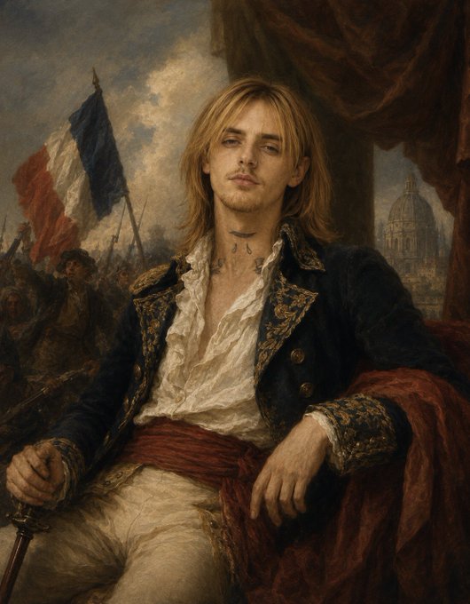 A classical-style oil painting portrait of a long-haired man with facial piercings, dressed in an ornate dark blue jacket with gold embroidery, holding a sword, with a French flag and chaotic battle scene in the background.