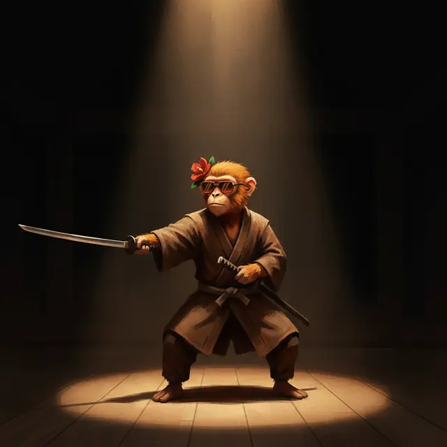 A 3D-rendered cartoon monkey dressed as a samurai with a red flower in its hair, wielding a katana in a dramatic spotlight.