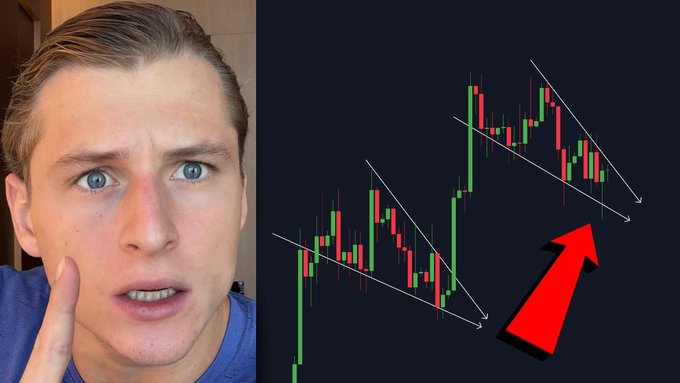A man with a shocked, hand-on-cheek gesture appears on the left alongside a cryptocurrency price chart on the right, which displays a downward candlestick pattern with white trendlines indicating a falling wedge or descending channel, accompanied by a red arrow highlighting the recent price drop. The image visually reinforces the post's claim that Bitcoin's price action is repeating a historical pattern, urging viewers to "prepare now" by watching the linked YouTube video.