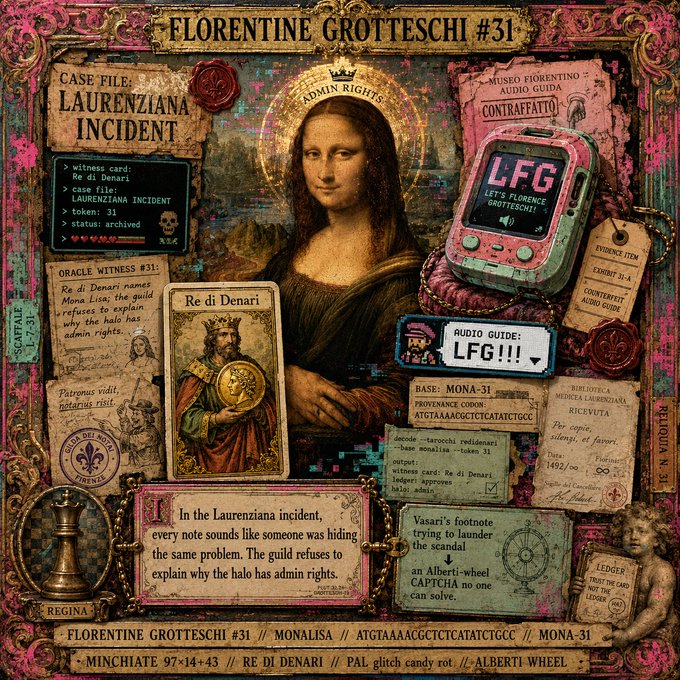 A Mona Lisa painting forms the centerpiece of a collage-style "Florentine Grotteschi #31" case file, surrounded by aged parchment labels and a pink retro handheld device labeled "LFG - LET'S FLORENCE GROTTESCHI!" with a "Re di Denari" playing card and an "LFG!!!" audio guide. The post's caption reflects the image's visual chaos, with the Mona Lisa as the historical anchor, the tarot-style "Re di Denari" card providing witness symbolism, the glitchy pink "LFG" device serving as a modern meme reference, and the rot/decay textures on a checkered "Ca dei Momo Forever" badge reinforcing its corrupted Renaissance aesthetic.