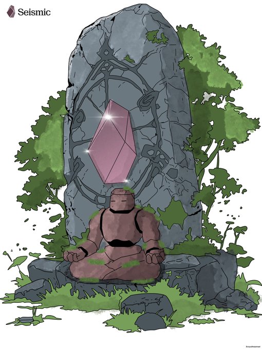 An illustrated scene shows a meditating stone figure in front of a large stone monument featuring a glowing pink crystal, with the 'Seismic' logo visible in the top-left corner.