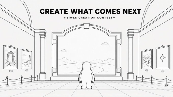 A black-and-white line art image shows a round, character standing in an empty art gallery, gazing at a large framed landscape painting, with smaller framed artworks lining the walls. The text at the top reads "CREATE WHAT COMES NEXT +BIWLS CREATION CONTEST+," promoting BiWLS's Creation Contest as a way for fans to contribute artwork and engage with the NFT project.