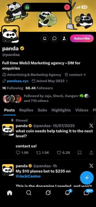 The image shows a Twitter/X profile for "panda" (@pandaa), a Web3 Marketing agency with 68.4K followers, displaying a pinned promotional post offering services. The accompanying post sharing a contract address ("BakyXRTtW2cdivHrqoENQhSfaMjGLRgDudV8QSBGcKNf") suggests a crypto token contract is being shared, likely to promote a project associated with or using this marketing agency for outreach.