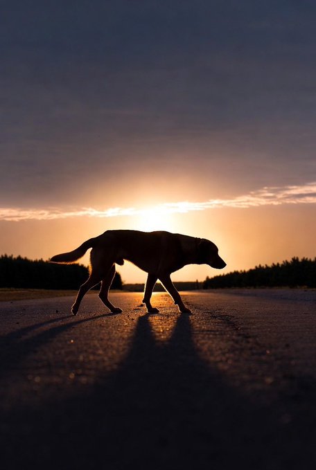 The image features a dog walking down a road at sunset, casting long shadows behind it. The sun is setting over the horizon, creating a beautiful silhouette of the dog against the sky. The photo has been captioned with a message that reads "Gmgm Begin calm. Move with purpose. #GoodMorning #XRPCommunity #XRPL #XRP". This caption emphasizes the peaceful and reflective atmosphere created by the sunset and the silhouetted dog, suggesting that it is a serene moment captured in time.