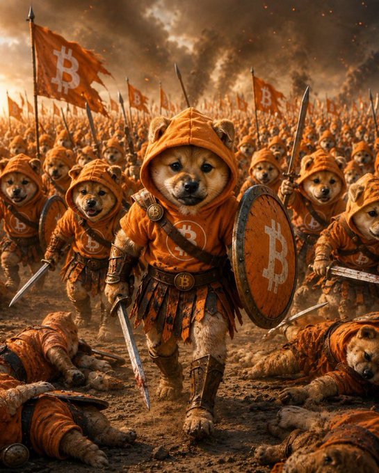 The image features two types of dogs holding dollar signs, dressed as soldiers with swords and armor. One dog holds an orange "B" sign, while the other wears a yellow "D" sign. These dogs are standing next to each other amidst what appears to be a battlefield or wartime scenario, showcasing their fighting stances. The post mentions that these dogs have been stacking money at higher prices, possibly as part of a game or challenge.