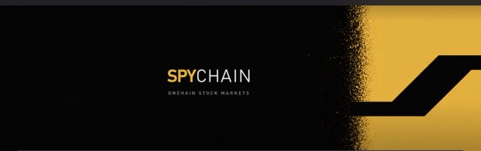 A sleek black and gold banner displays the "SPYCHAIN - ONCHAIN STOCK MARKETS" branding, visually reinforcing the project's identity as a crypto-based platform for trading stocks onchain. The bold typography and modern design reflect the protocol's focus on bridging traditional stock markets with blockchain technology.