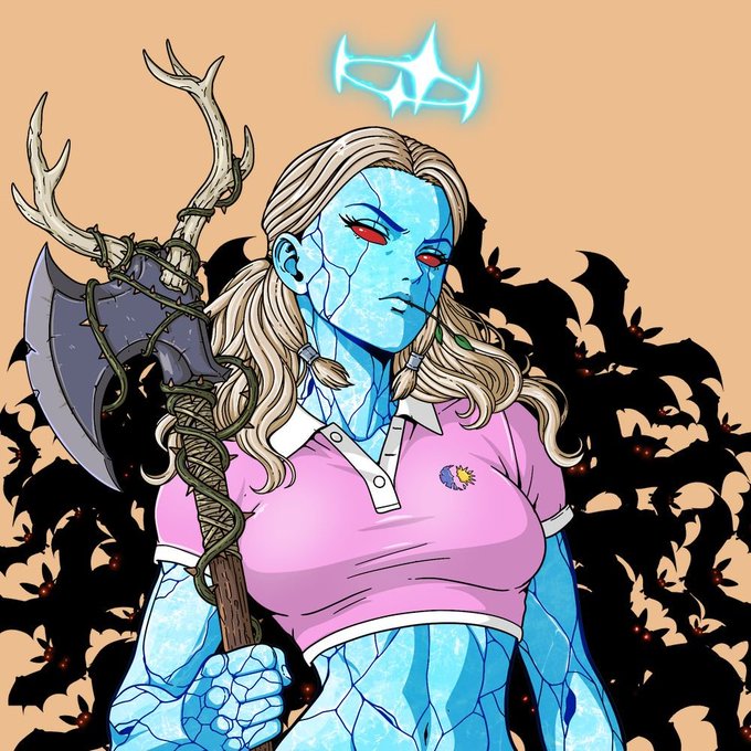 A digital illustration of a blue-skinned, muscular female fantasy character with long blonde hair, wearing a pink polo shirt and wielding an axe, with a glowing halo symbol above her head against a peach background with dark thorny vines.
