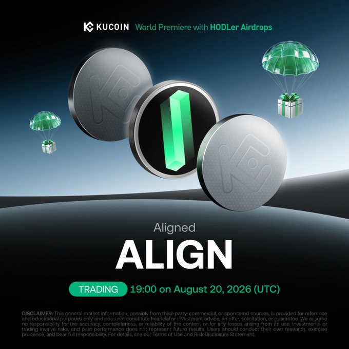A KuCoin promotional graphic announcing the world premiere listing of Aligned ($ALIGN) with HODLer Airdrops, featuring 3D-rendered silver coins and a glowing green crystal logo with parachuting gift packages, stating trading begins at 19:00 UTC on August 20, 2026.