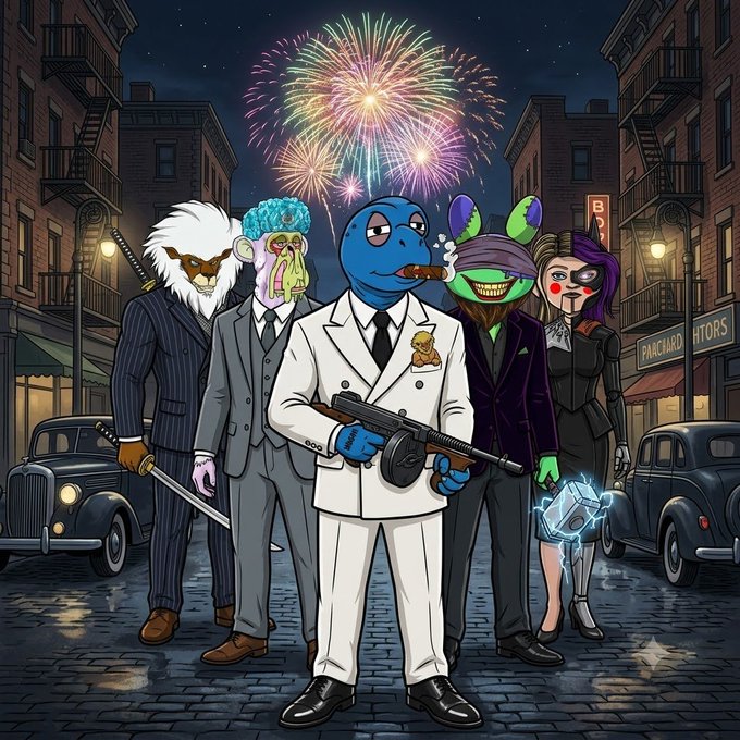 An animated illustration of five quirky characters (including a man in a white suit with a Tommy gun, a masked figure, and various creatures) standing on a cobblestone street with fireworks in the background.