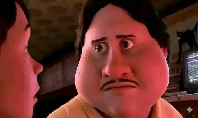 A reaction meme featuring a 3D animated character with an exaggerated, sad, and wide-eyed facial expression looking at another character in a dimly lit room.