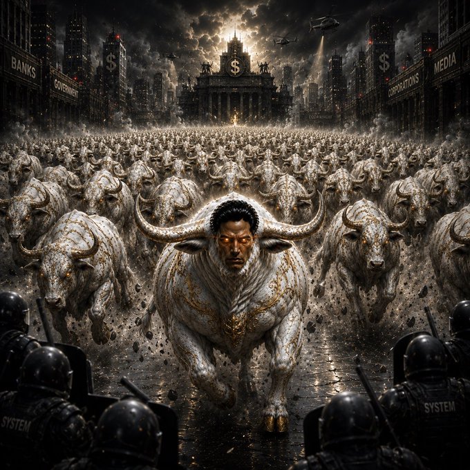 A massive army of charging bull-headed figures stampedes toward a financial district labeled "BANKS," "GOVERNMENTS," "CORPORATIONS," and "MEDIA," with riot police holding shields marked "SYSTEM" in the foreground and helicopters circling above a central building displaying a "$" symbol. The image visually mirrors the post's bullish threat to short sellers, depicting an overwhelming "army" of bulls storming the institutional systems represented by the labeled buildings.