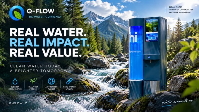 An advertisement for 'Q-FLOW' featuring a blue water dispensing machine set against a backdrop of a rocky mountain stream, with the tagline 'REAL WATER. REAL IMPACT. REAL VALUE.' and website 'Q-FLOW.IO'.