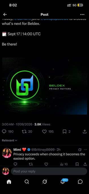 A mobile screenshot of an X (Twitter) post announcing an upcoming Beldex event on 'Sept 17 14:00 UTC'. The post features a green and black graphic with the text 'BELDEX PRIVACY MATTERS' and a glowing logo.