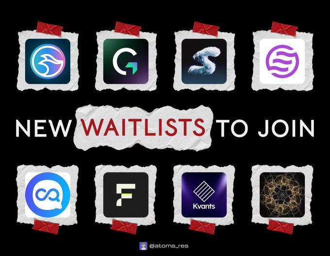 A promotional graphic titled "NEW WAITLISTS TO JOIN" displays eight app logos displayed on torn paper squares attached with red tape, arranged in two rows of four around the central text, with the handle "@atoms.res" at the bottom. The image showcases various crypto and AI project waitlists, including Incognito (associated with Manta Network, which raised $60.3M), GoDark, and others like Kvants, corresponding to the post highlighting new waitlist opportunities.