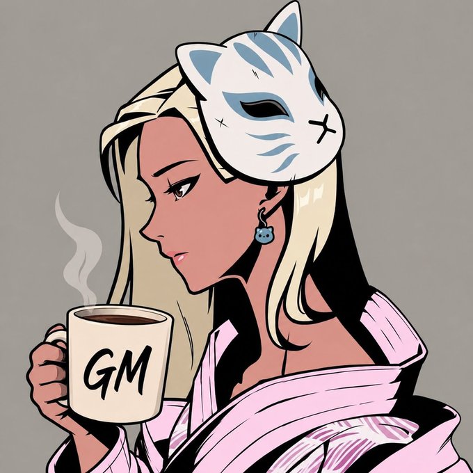 An anime-style illustration of a blonde woman wearing a blue and white cat mask on her head, holding a steaming mug that says 'GM'.