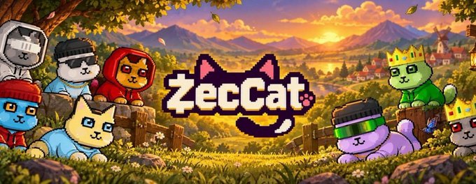 A colorful pixel-art style banner for 'ZecCat' featuring various cat characters in different outfits and colors (including ones with crowns and goggles) in a grassy landscape with mountains and a sunset in the background.