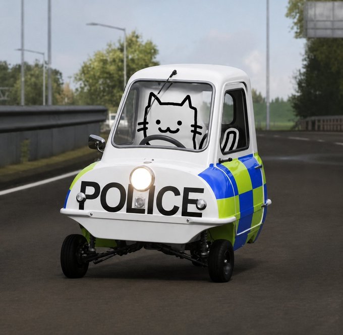 A small white three-wheeled British police car with "POLICE" written on the front and a blue and yellow checkered pattern on the side, featuring a cartoon cat face drawn on the windshield, drives on a highway.