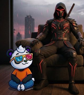 A hooded warrior character in dark armor with glowing red lines sits on a couch next to a small cartoon panda character wearing sunglasses and a red shirt with 'BANDITS' text.