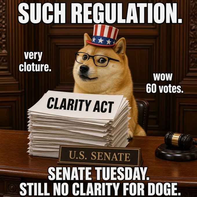 A Shiba Inu dog dressed as a patriotic senator with a stars-and-stripes top hat and glasses sits at a U.S. Senate desk behind a stack of papers labeled "CLARITY ACT," accompanied by text reading "SUCH REGULATION. very cloture. wow 60 votes. SENATE TUESDAY. STILL NO CLARITY FOR DOGE."