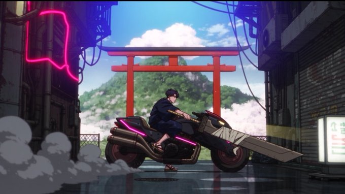 An anime-style illustration shows a person on a futuristic motorcycle in a street setting with a torii gate and mountains in the background.