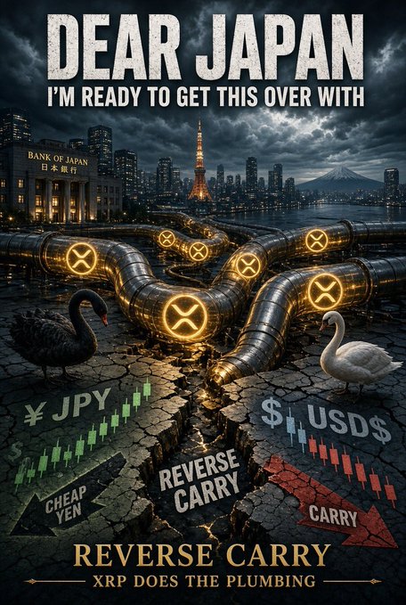 A dramatic illustration depicts the "Reverse Carry" currency dynamics between Japan and the US, featuring Tokyo's skyline, Mount Fuji, the Bank of Japan, cracked earth with a "REVERSE CARRY" chasm, alongside ¥JPY/USD candlestick charts, black and white swans representing Yen carry trade unwinding, and golden pipelines marked with XRP symbols—all reinforcing the post's message that XRP is "doing the plumbing" as Japan unwinds its carry trade.