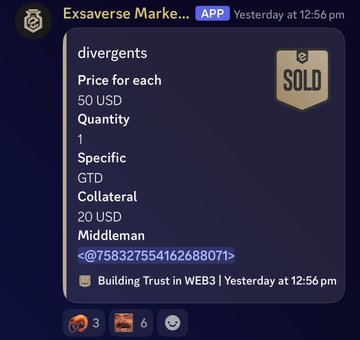 A screenshot of a Discord message from Exsaverse Marketplace shows a 'SOLD' notification for a NFT titled 'divergents' priced at 50 USD on the GTD Collateral Middleware.