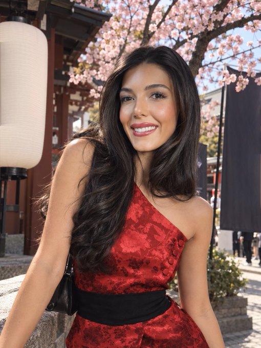 A smiling woman with long dark hair wearing a red floral dress, posing outdoors with a traditional Japanese lantern and pink cherry blossoms in the background.