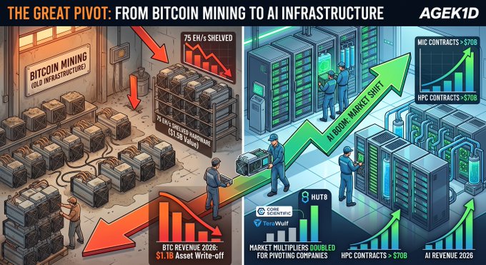 An infographic titled 'THE GREAT PIVOT: FROM BITCOIN MINING TO AI INFRASTRUCTURE' showing the transition from mining to AI with charts, server racks, and text like 'BTC REVENUE 2026 $1.1B Asset Write-off' and 'AI REVENUE 2026'.