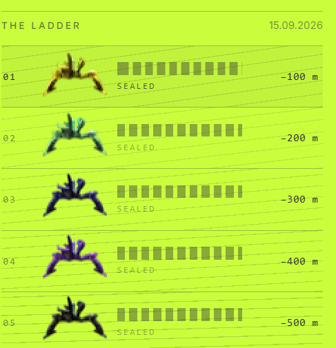 A pixel-art style 'THE LADDER' interface dated 15.09.2026 shows five ranked tiers (01-05) with insect-like sprites and distances from -100m to -500m, all marked 'SEALED'.