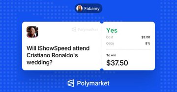 The image shows a Polymarket betting market from user "Fabamy" titled "Will IShowSpeed attend Cristiano Ronaldo's wedding?" with a "Yes" position at $3.00 cost, 8% odds, and a $37.50 potential payout if won.

This illustrates the poster's first Polymarket bet mentioned in the caption, showing their wager on whether streamer IShowSpeed will attend Ronaldo's wedding.