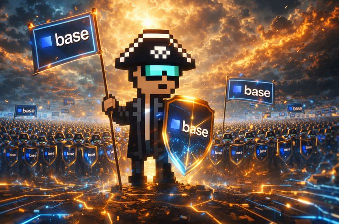 A pixel-art character holds flags and a shield branded with "base," standing before an army of similar figures under a dramatic orange sky.